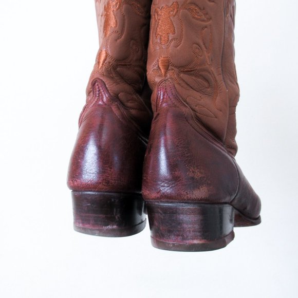 VINTAGE Western Embroidered Leather Cowboy Boots Brown Mid Calf Size Mens 9 - Picture 8 of 12